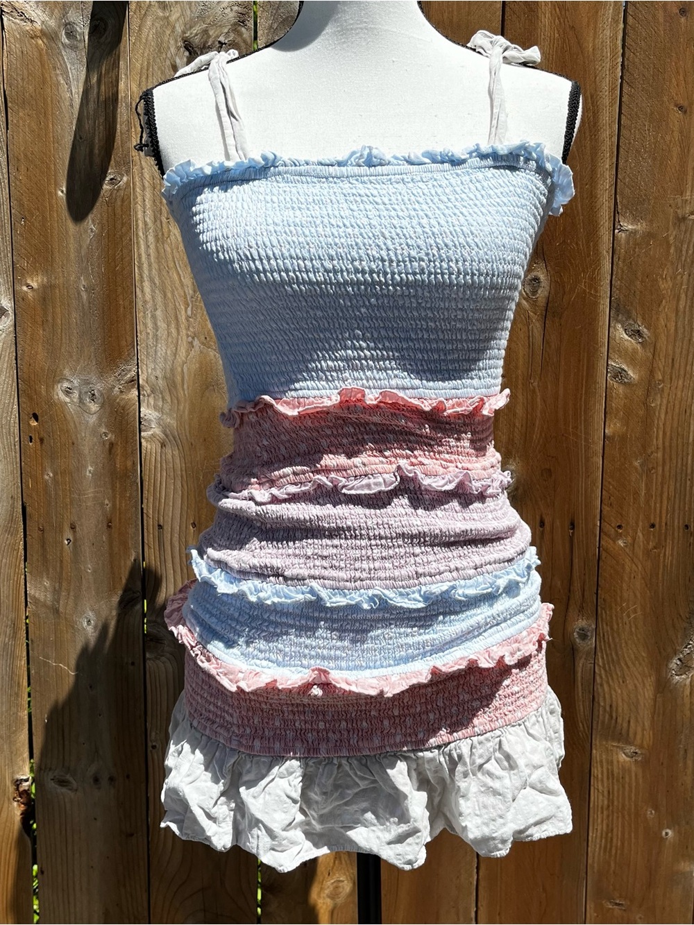 Storia Summer Smocked Ruffle Stripe Mini Dress in Light Blue, Pink & White